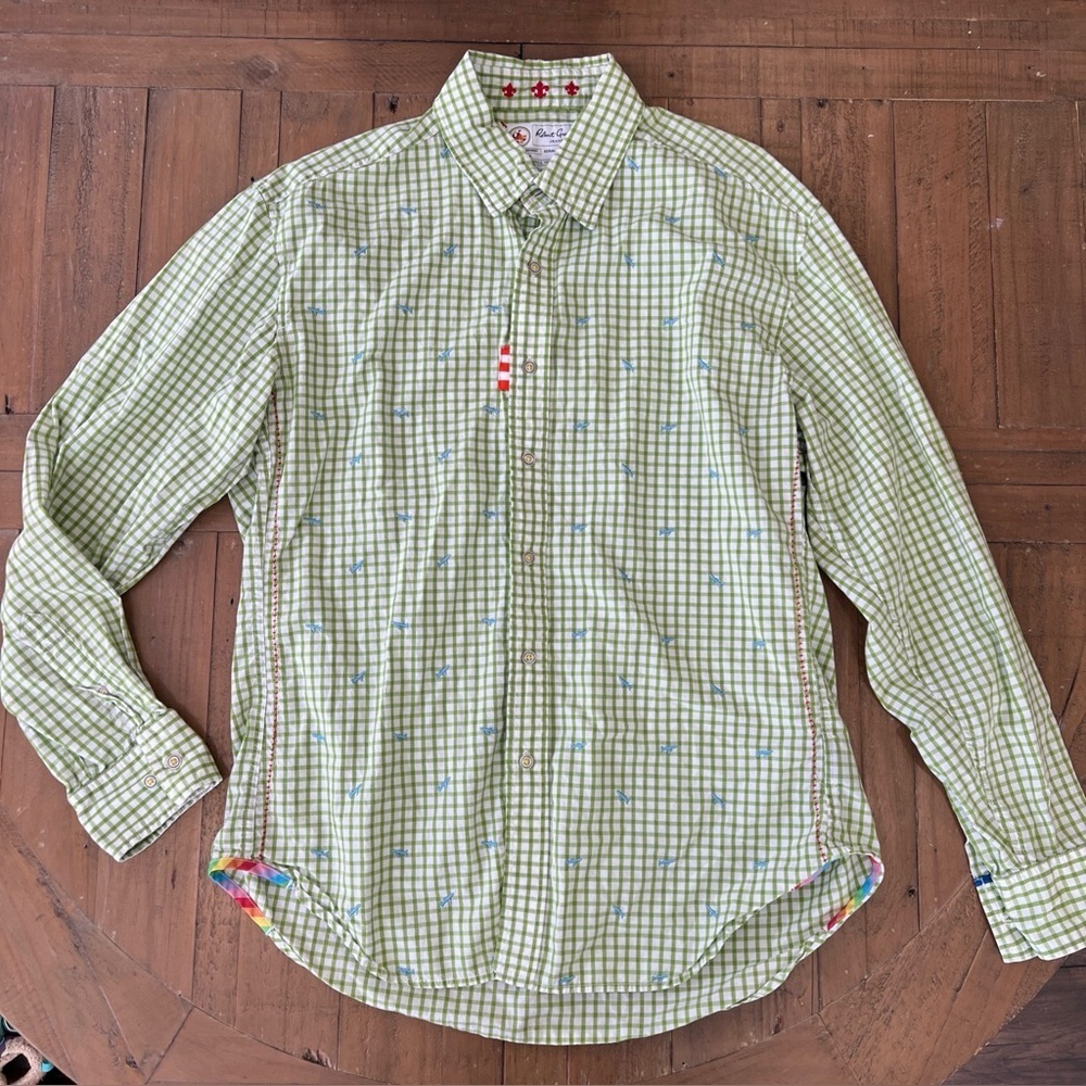 Robert Graham Airplane Embroidered Green Checkered Plaid Button Down Shirt XL